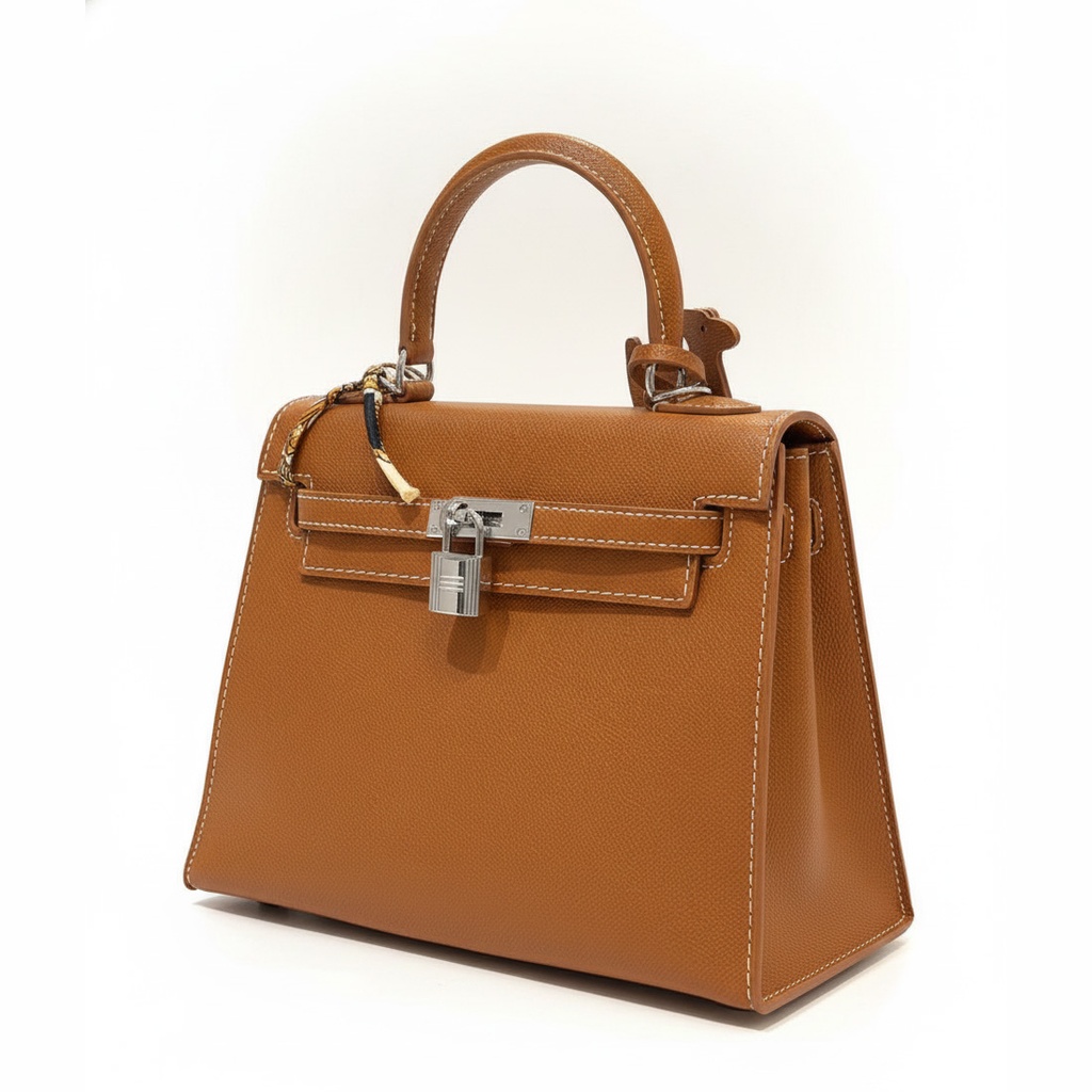 PLUSHH Women's Classic Casual Handbag with Padlock & Scarf - Camel / شنطة كاجوال نسائية كلاسيكية فاخرة من PLUSHH بتصميم قفل معدني ولون جملي