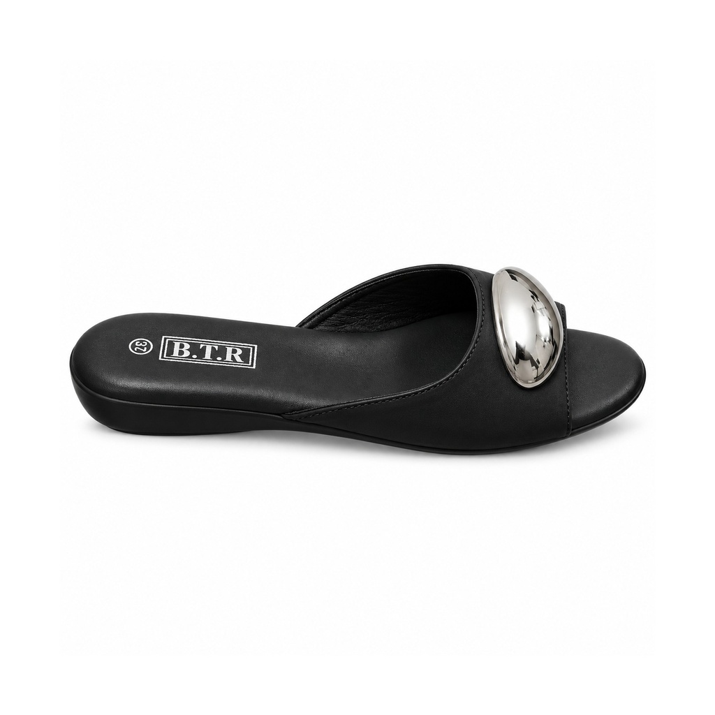 [L12689] Cushioned Comfort Slides with Silver Ornament (Black, 36)