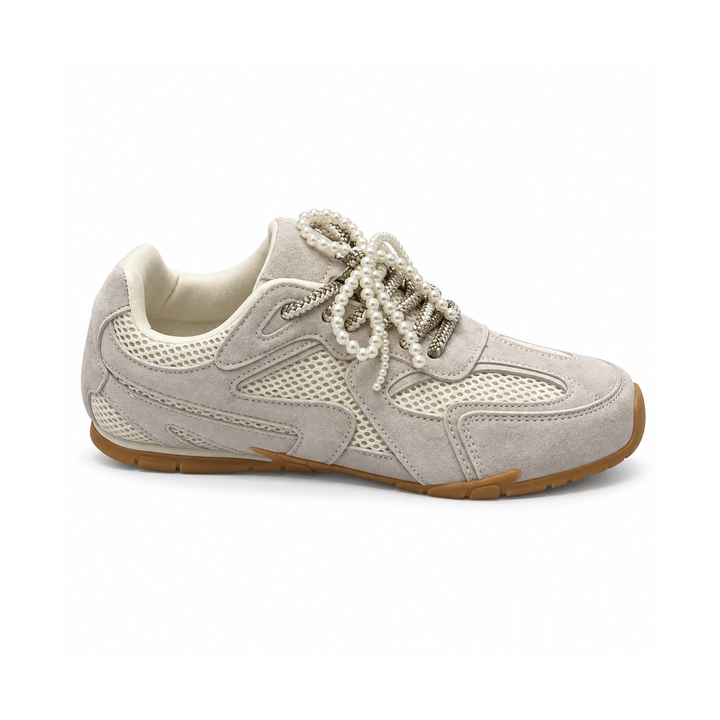 [D11061] Chic Pearl Lace Sneakers (36, Beige)