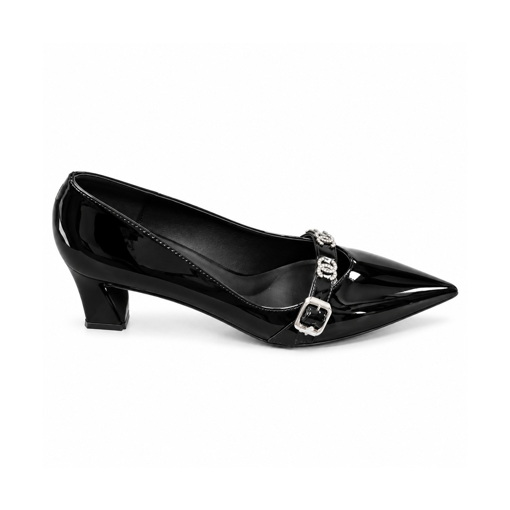 [L12207] Comfortable Low Work Heels with Double Buckle (Black, 36)