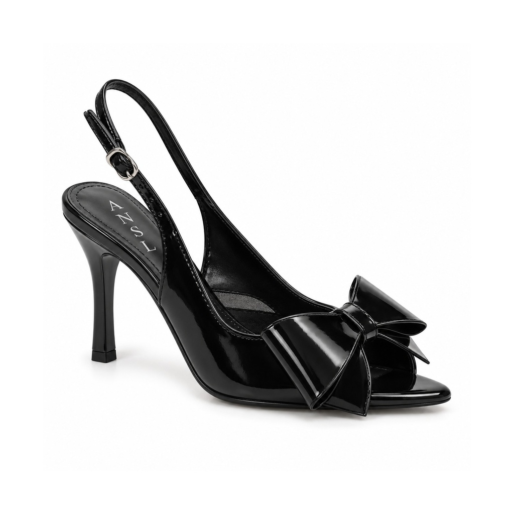 [L14065] Glossy Occasion Heels with Statement Bow (Black, 36)