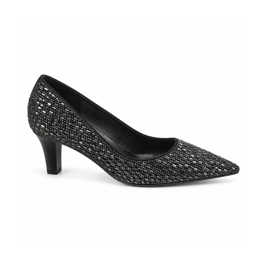 [L14176] Sparkling Embellished Mid Heel Pumps (36, Black)