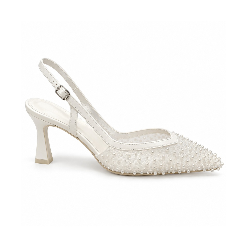 [L14205] Beaded Mesh Evening Slingback Heels (36, White)